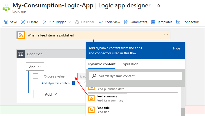 屏幕截图显示了 Azure 门户、消耗型工作流设计器、RSS 触发器和具有标准构造的条件操作。