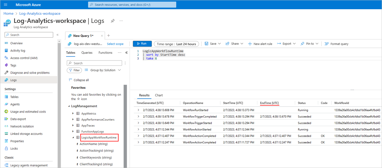 显示 Azure 门户、Log Analytics 工作区和捕获的标准逻辑应用工作流运行遥测数据的屏幕截图。