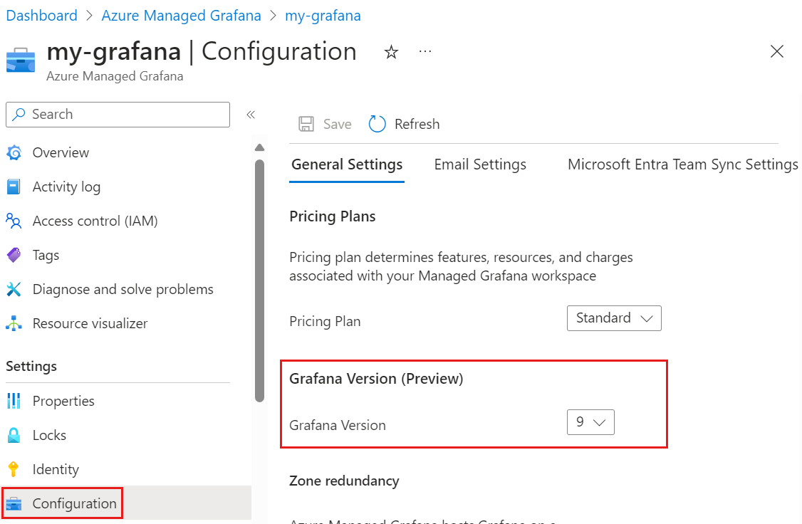 Azure 平台的屏幕截图，其中显示了 Grafana 版本 9。