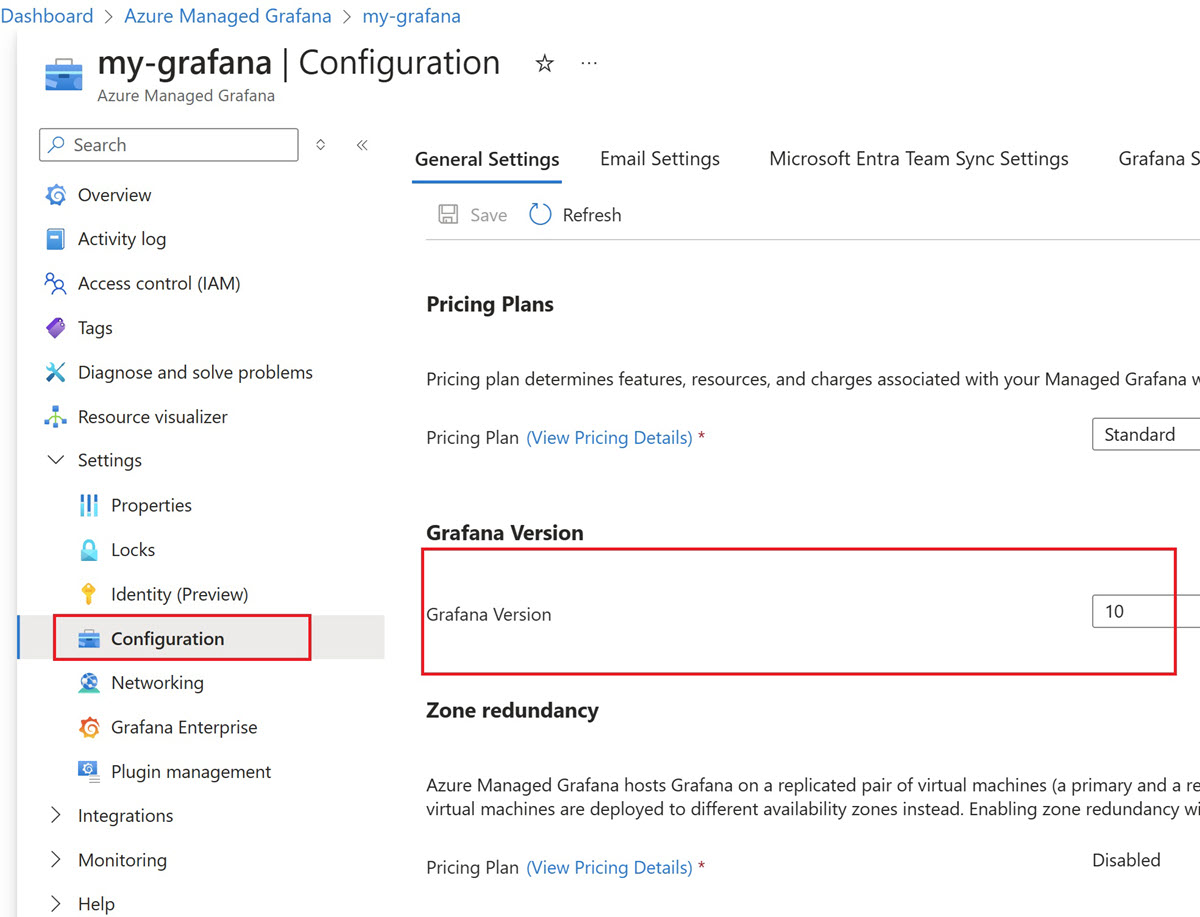 显示 Grafana 版本 9 的 Azure 平台的屏幕截图。