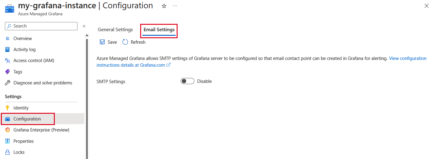 Azure 平台的屏幕截图。选择“SMTP 设置”选项卡。