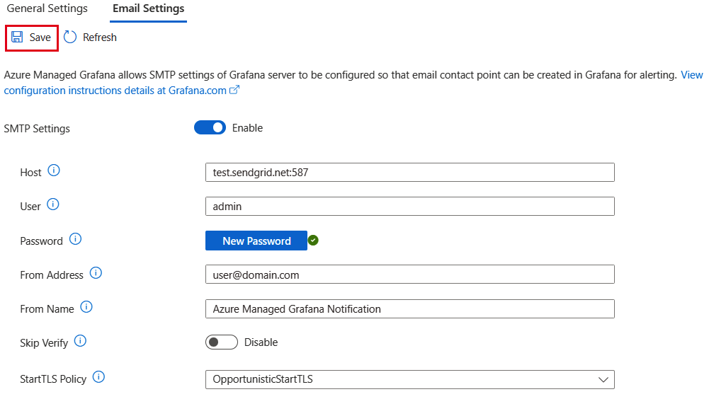 Azure 平台的屏幕截图。包含新数据的“电子邮件设置”选项卡。