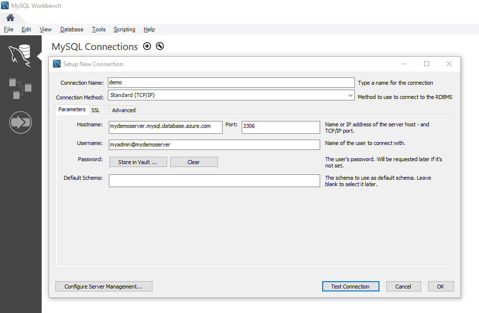 MySQL Workbench 连接字符串的屏幕截图。