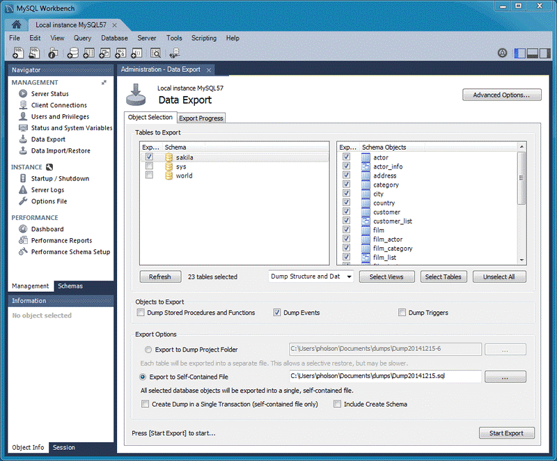 在 MySQL Workbench 中使用“导航器”窗格显示“数据导出”窗格的屏幕截图。