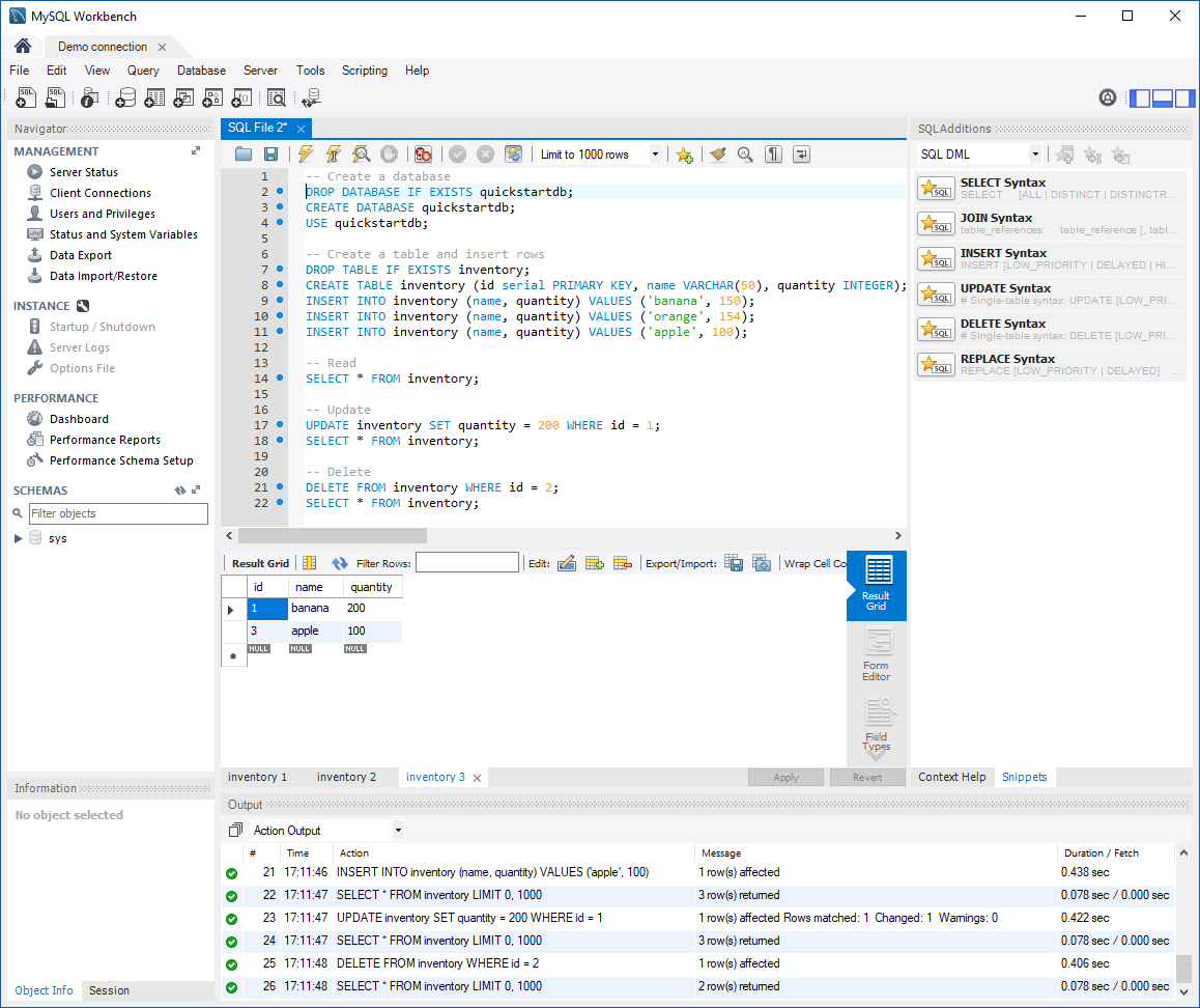 运行示例 SQL 代码的 MySQL Workbench SQL 选项卡