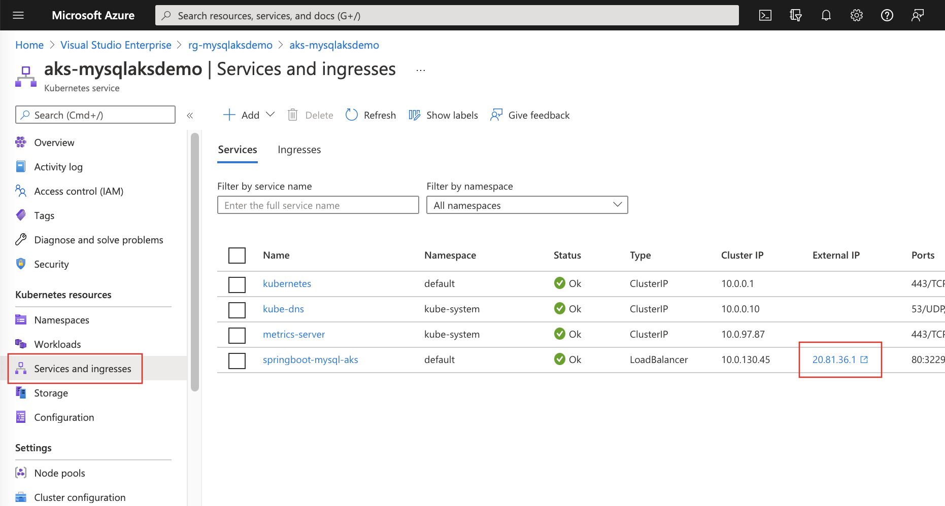 显示 Azure 门户中 Azure Kubernetes 群集服务外部 IP 视图的屏幕截图。