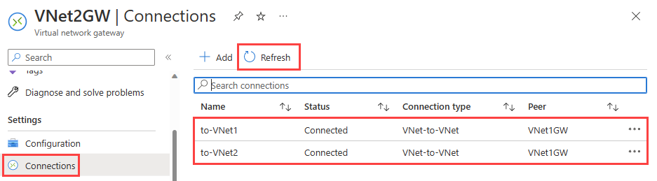 屏幕截图显示 Azure 门户中的网关连接及其已连接状态。