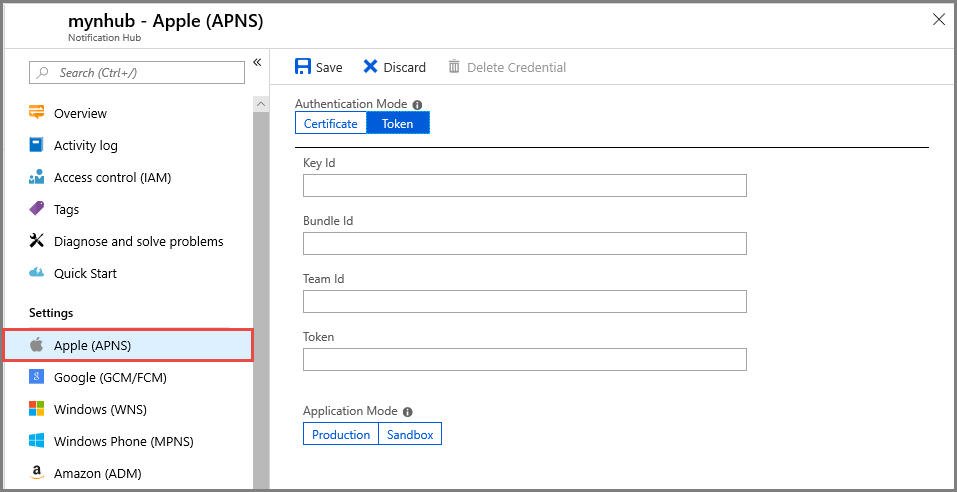 Azure 门户中 APNS 令牌配置的屏幕截图