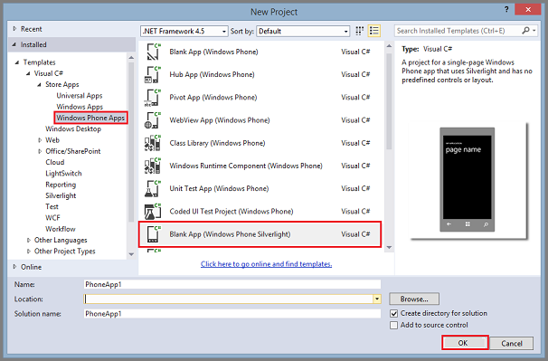 Visual Studio - 新建项目 - 空白应用 - Windows Phone Silverlight