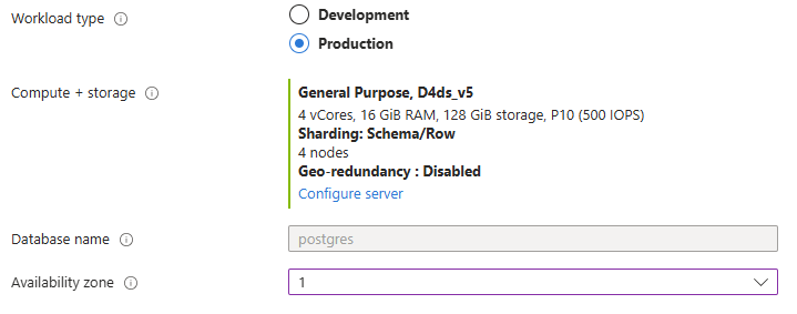 主配置页的屏幕截图。“计算 + 存储”部分有一个新行分片架构/行和一行，指示四个节点。数据库名称字段可见，值后灰显。