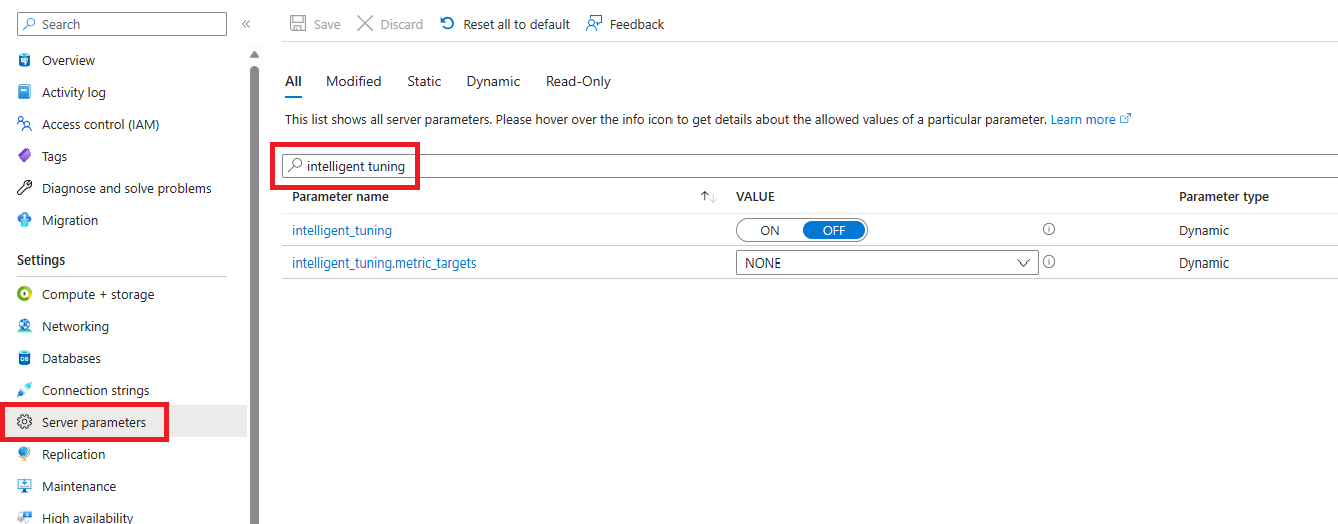 服务器参数窗格的屏幕截图，其中正在搜索智能优化。