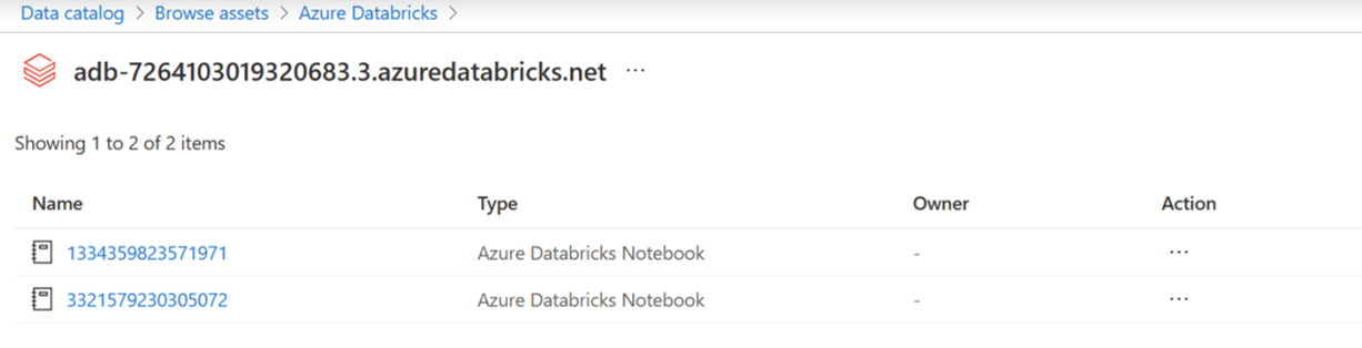 浏览关联的 Azure Databricks Unity Catalog 工作区资产中存在的笔记本的屏幕截图。