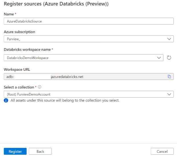 注册 Azure Databricks 源的屏幕截图。