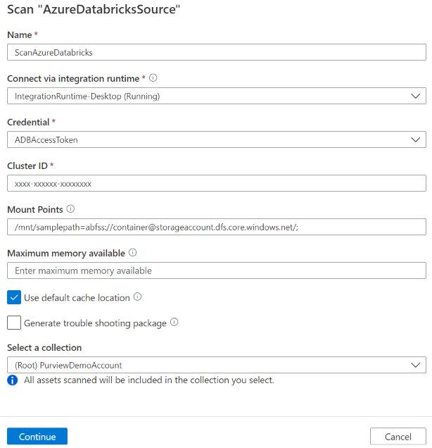 设置 Azure Databricks 扫描的屏幕截图。