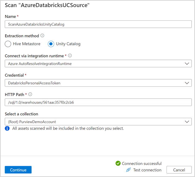 设置 Azure Databricks Unity Catalog 扫描的屏幕截图。