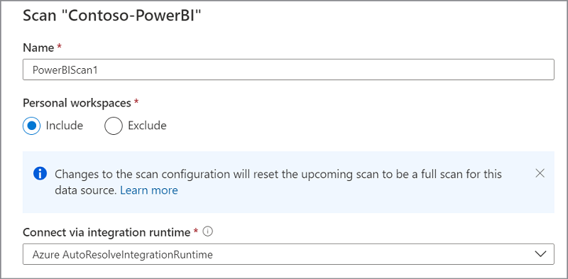 显示使用 Azure 跨租户集成运行时进行 Power BI 扫描设置的屏幕截图。