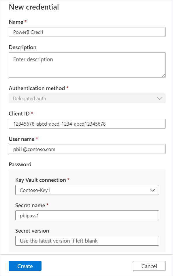 新凭据菜单的屏幕截图，其中显示了 Power BI 凭据以及提供的所有所需值。