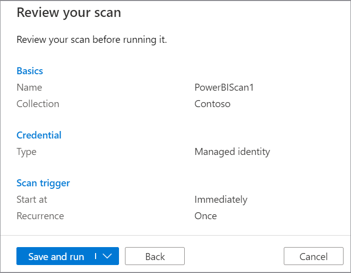 使用托管标识保存并运行 Power BI 源的屏幕截图。