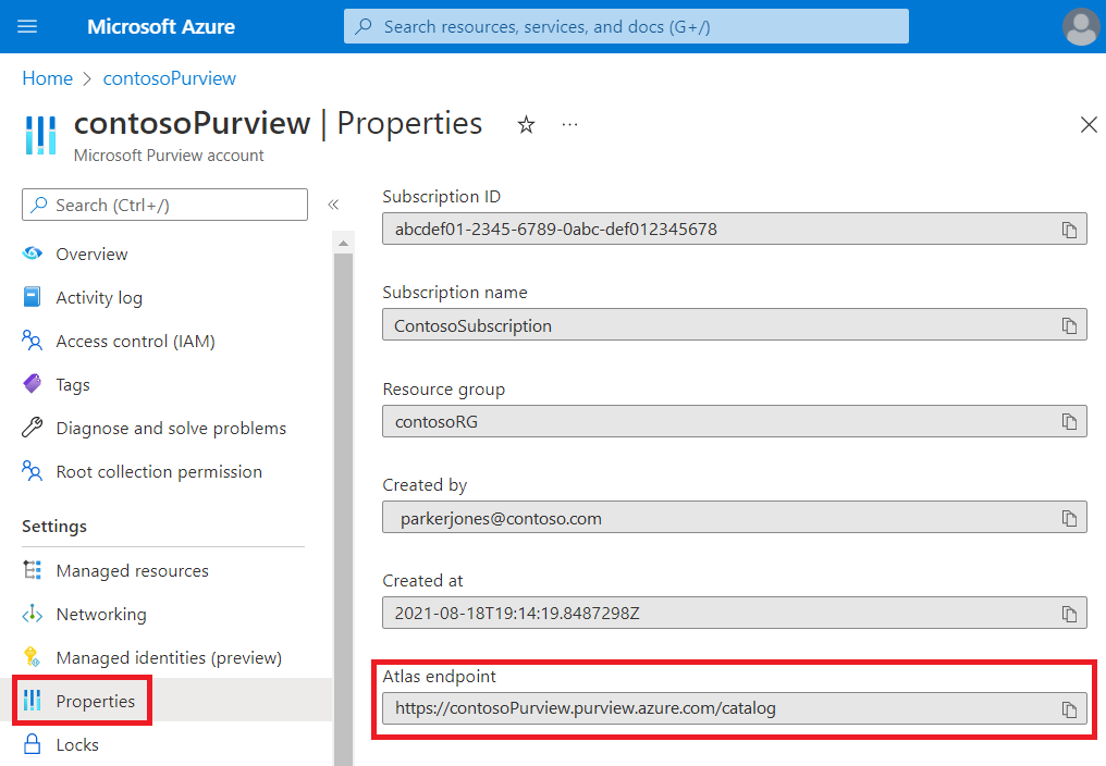 Microsoft Purview 的属性页的屏幕截图，其中突出显示了 Atlas 终结点框。