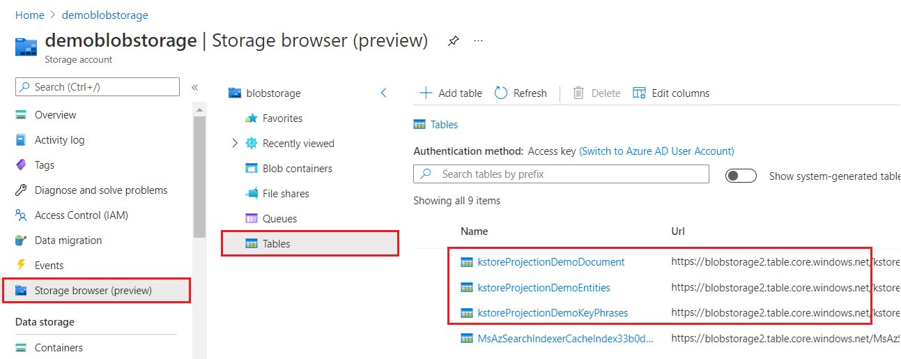 以 Azure 存储表示的投影