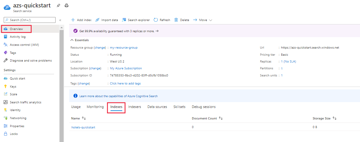 Azure 门户、搜索服务概述、“索引”选项卡的屏幕截图。