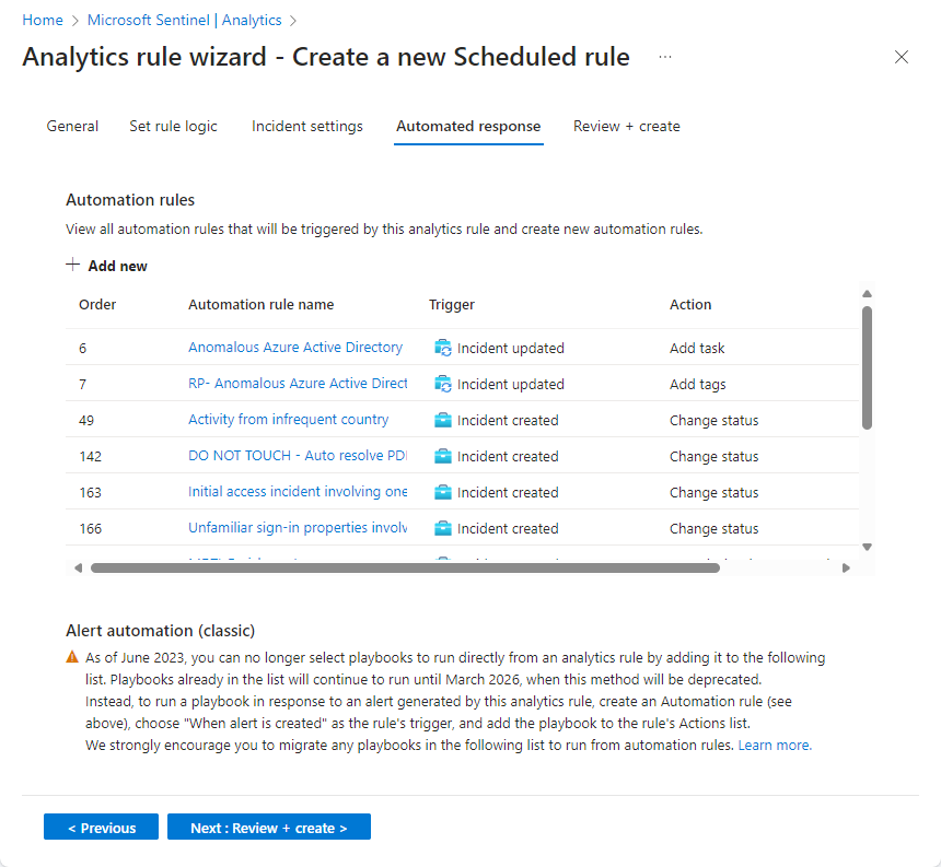 Azure 门户中分析规则向导的自动响应屏幕的屏幕截图。