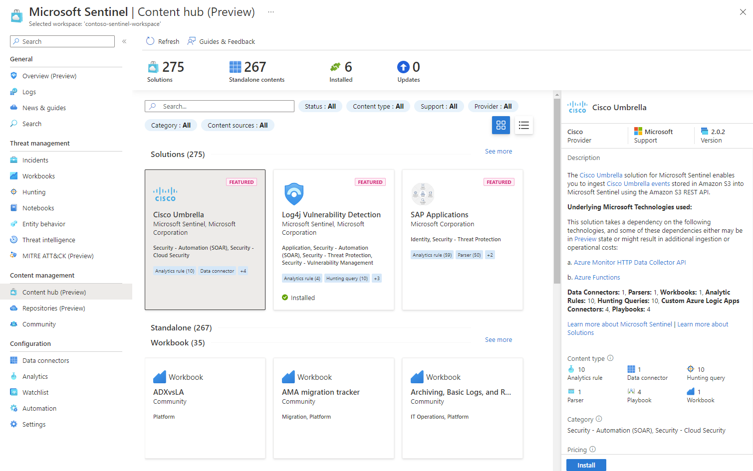 Azure 门户中的 Microsoft Sentinel 内容中心的屏幕截图。