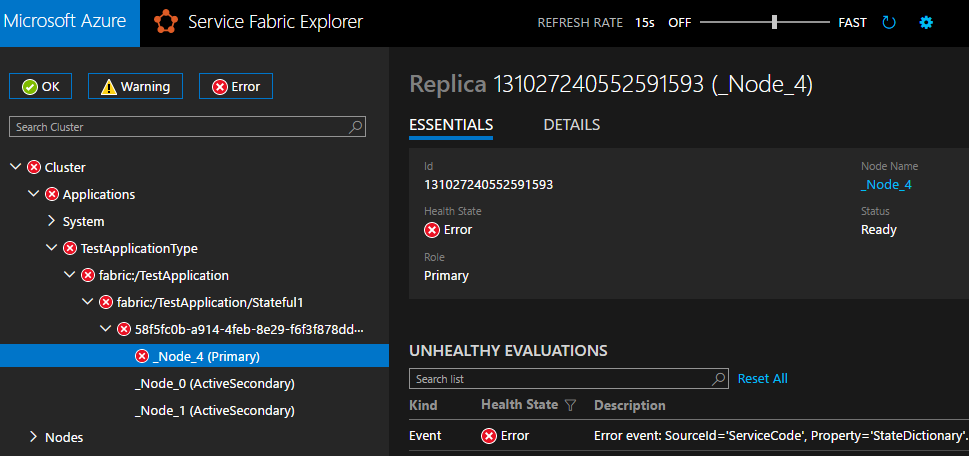 Service Fabric Explorer 中的副本运行状况