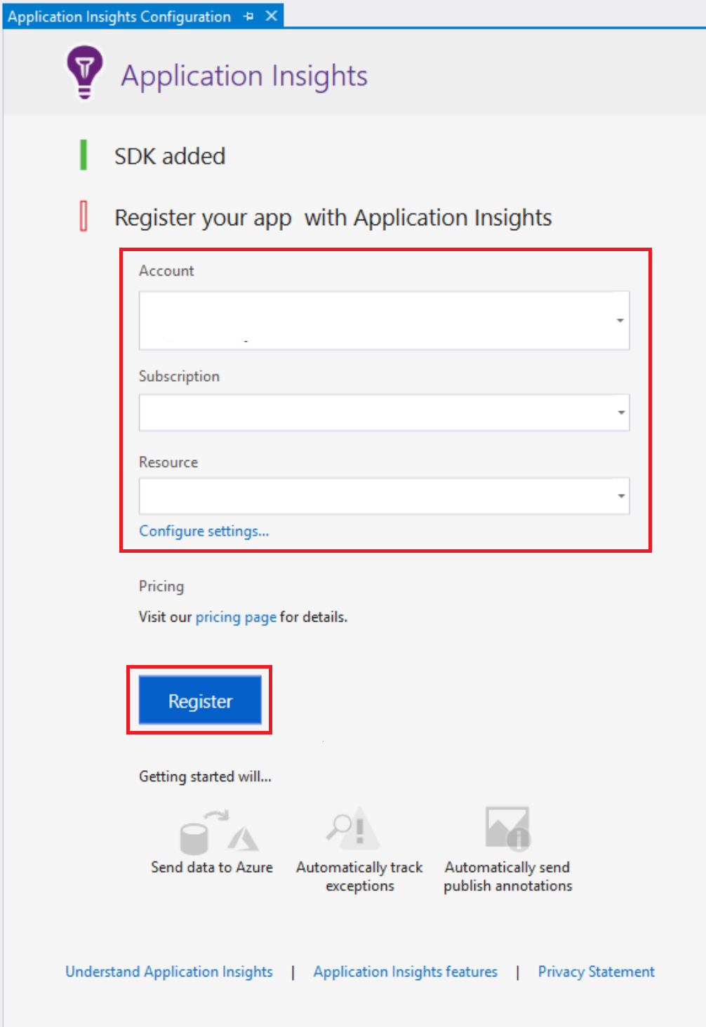 显示如何注册 Application Insights 的屏幕截图。