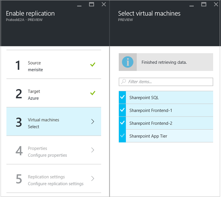 Enable replication Select virtual machines window