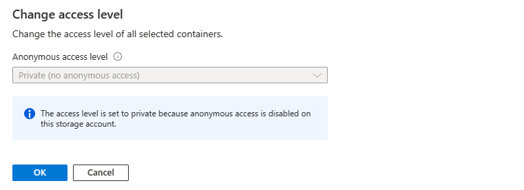 屏幕截图显示当帐户不允许匿名访问时，禁止设置容器的匿名访问级别