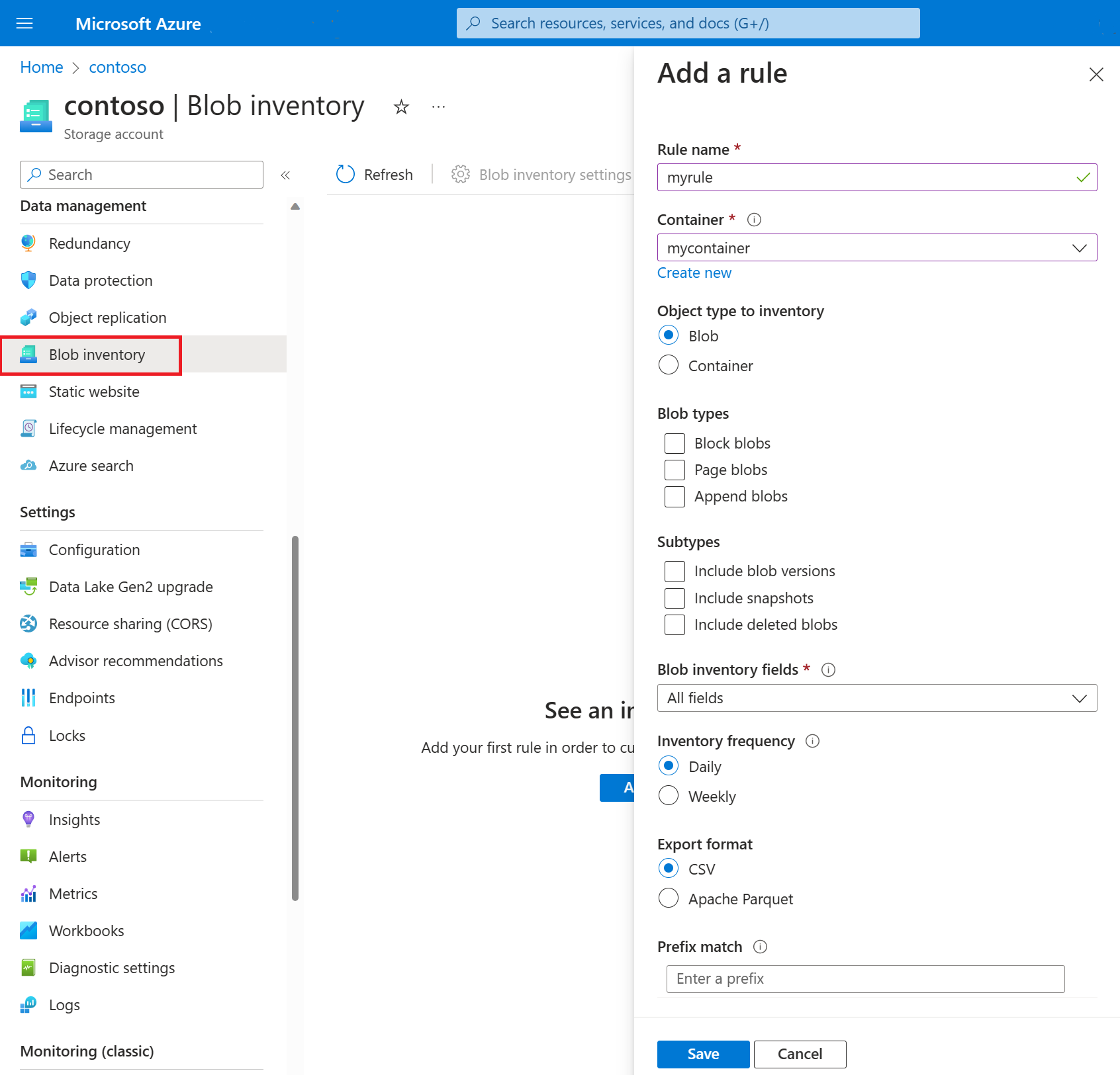 屏幕截图显示如何使用 Azure 门户添加 blob 清单规则。