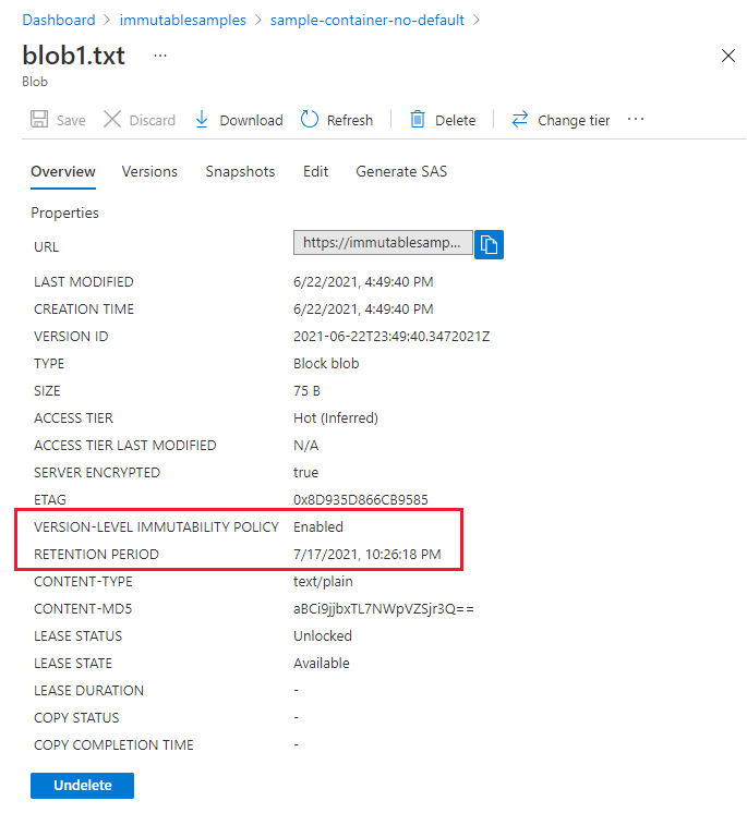 该屏幕截图显示 Azure 门户中 Blob 版本的不可变性策略属性