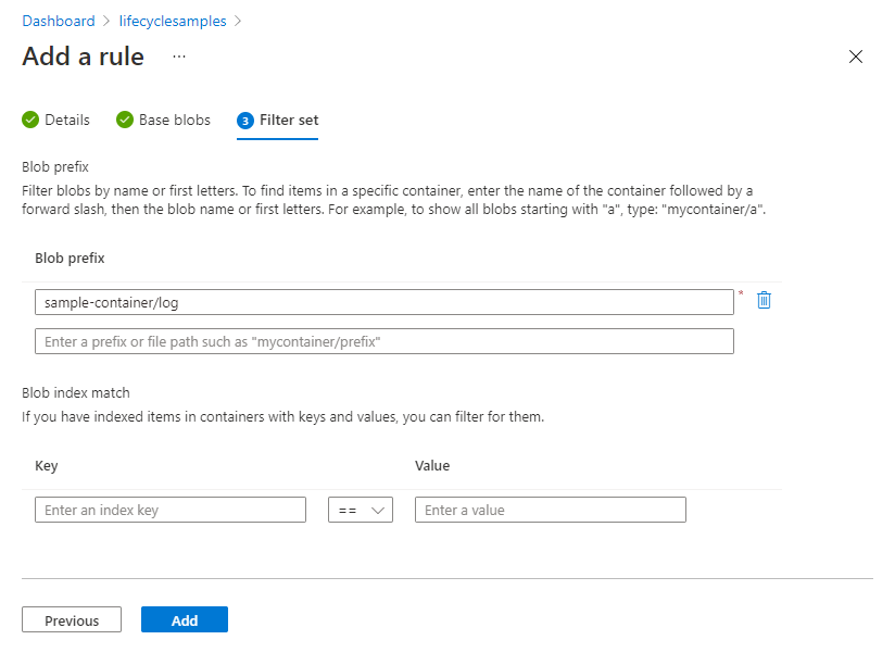 Azure 门户中的生命周期管理筛选器集页