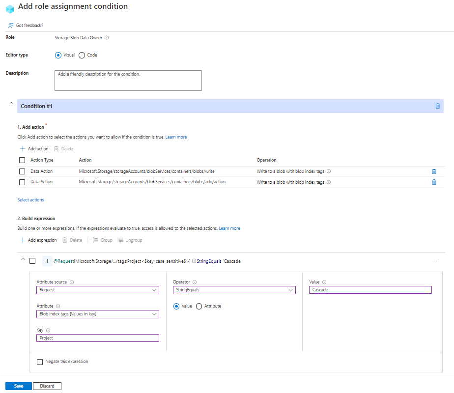 Azure 门户中条件编辑器的屏幕截图，显示了新的 blob 必须包含 blob 索引标记。