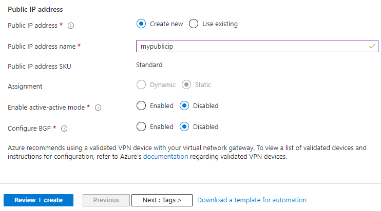 显示如何使用 Azure 门户为虚拟网络网关指定公共 IP 地址的屏幕截图。