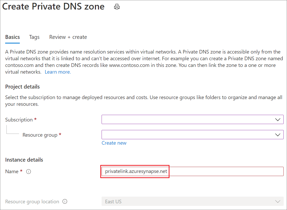 创建 Synapse 专用 DNS 区域 2 的屏幕截图。