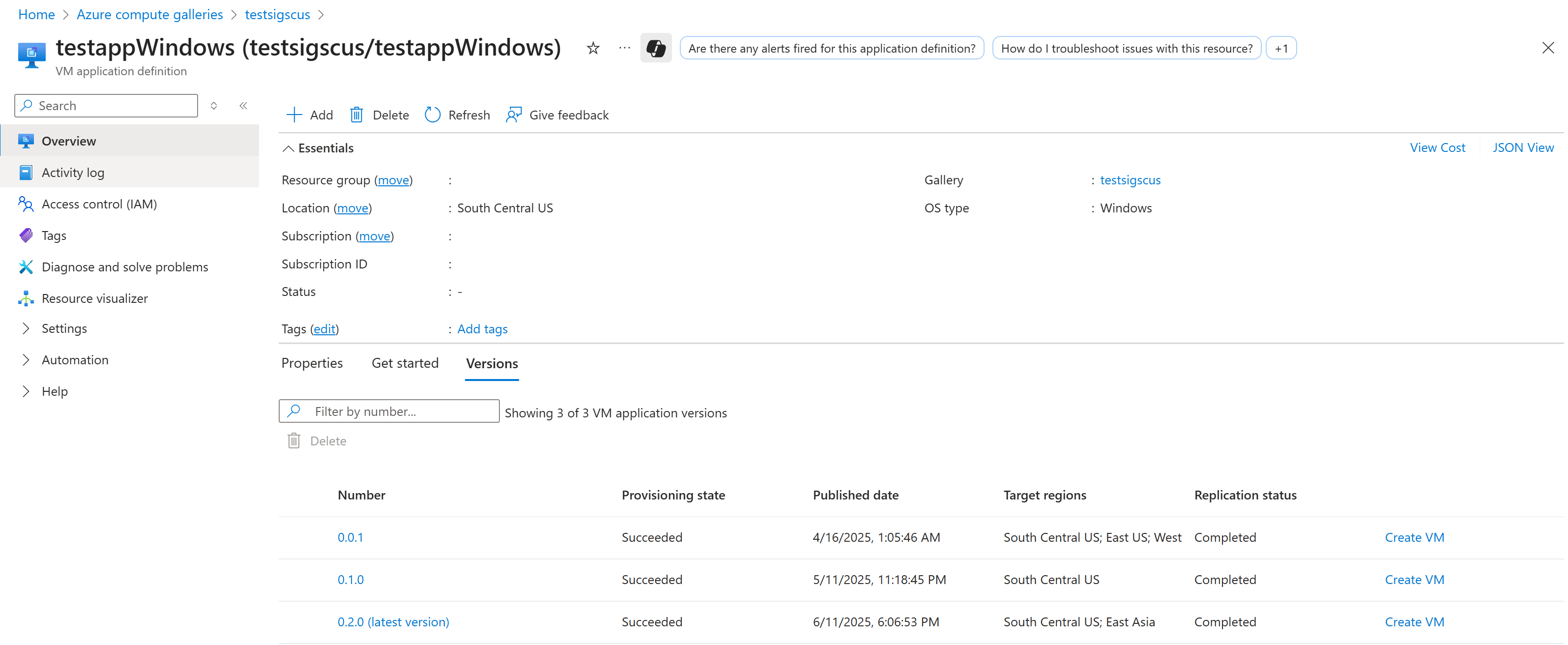 显示 VM 应用程序属性和 Azure 门户中所有版本的屏幕截图。