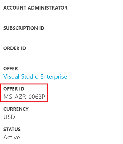 Azure 帐户门户中的产品 ID 详细信息