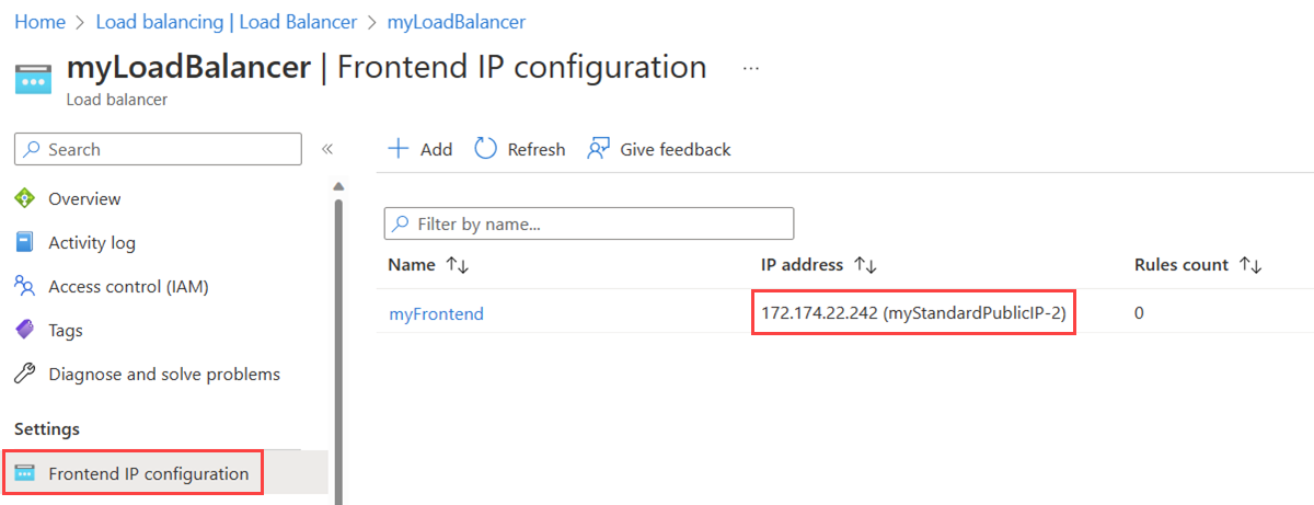 负载均衡器的“前端 IP 配置”页的屏幕截图，其中显示了新的公共 IP 地址。