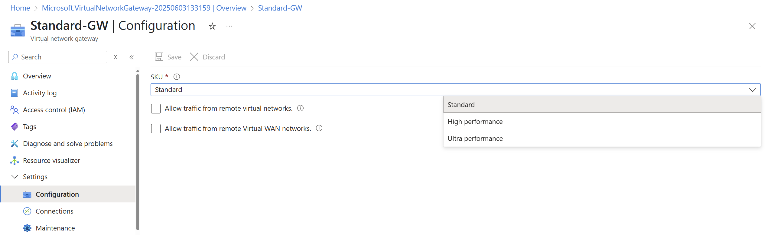 显示升级非 Az 网关的 SKU 的位置的屏幕截图。