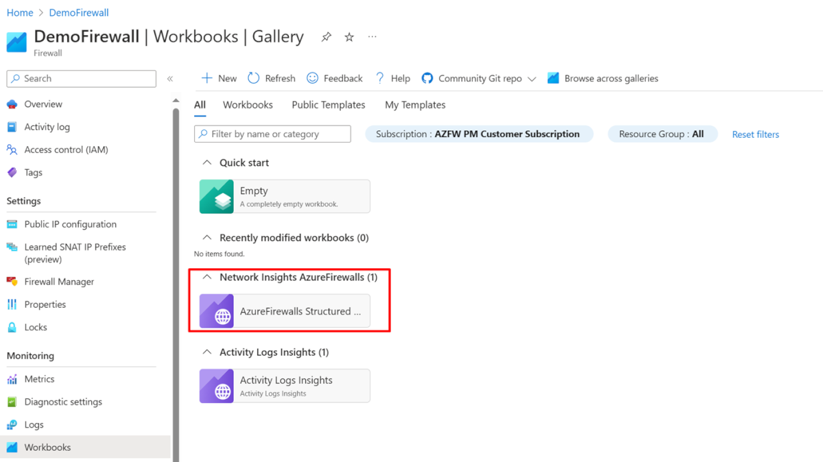 Screenshot showing the firewall workbook gallery.