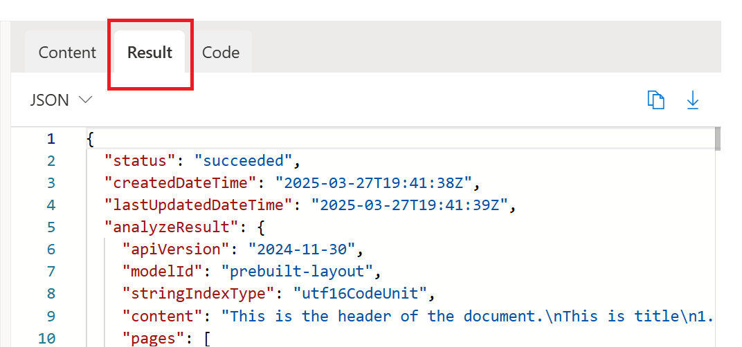显示 Document Intelligence Studio 中“JSON 输出”选项卡上的结果的屏幕截图。