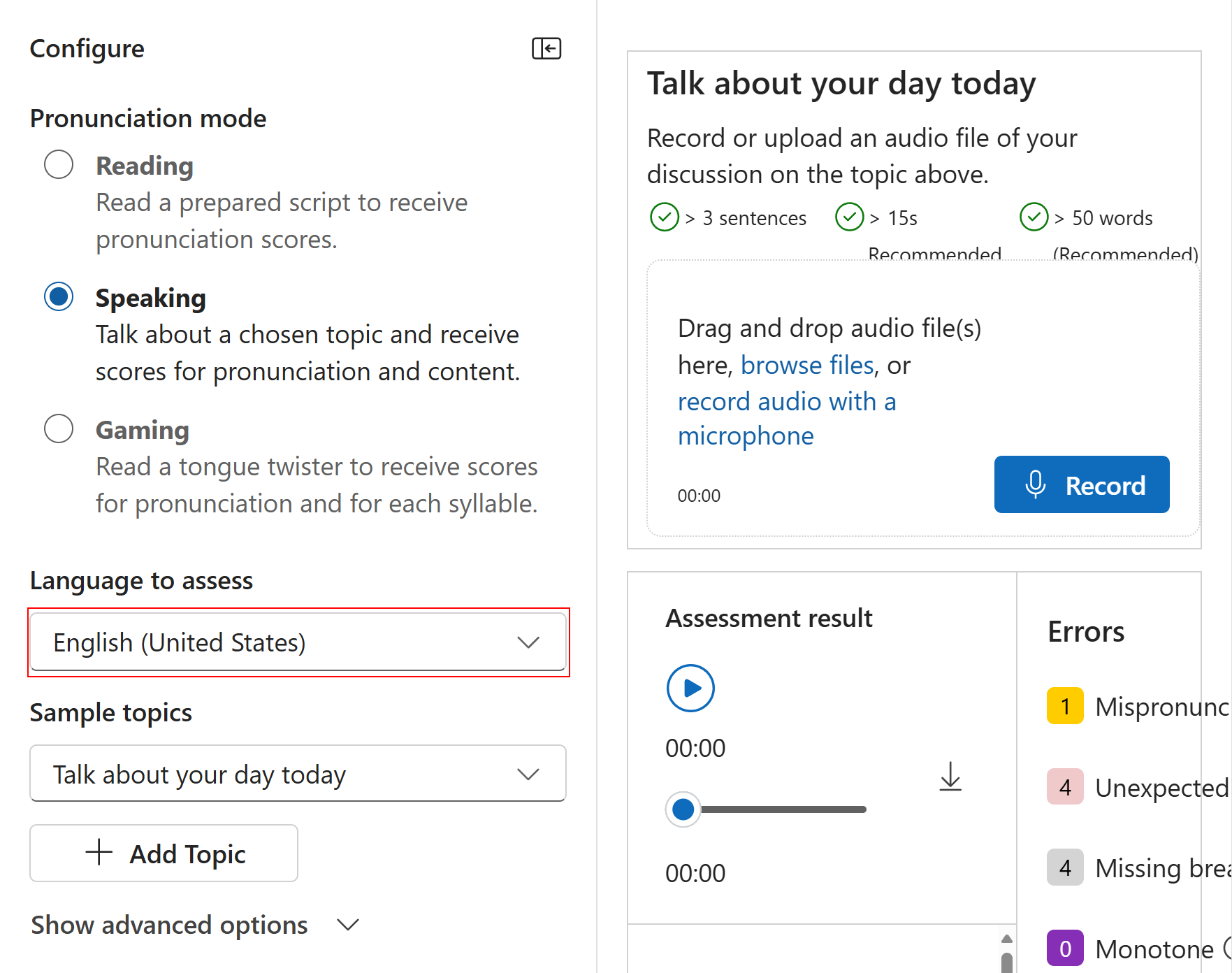 屏幕截图显示如何在口语选项卡上选择要评估发音的受支持语言。