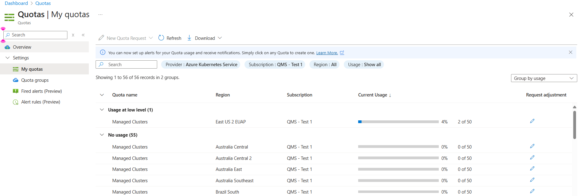 Azure 门户配额页的屏幕截图。