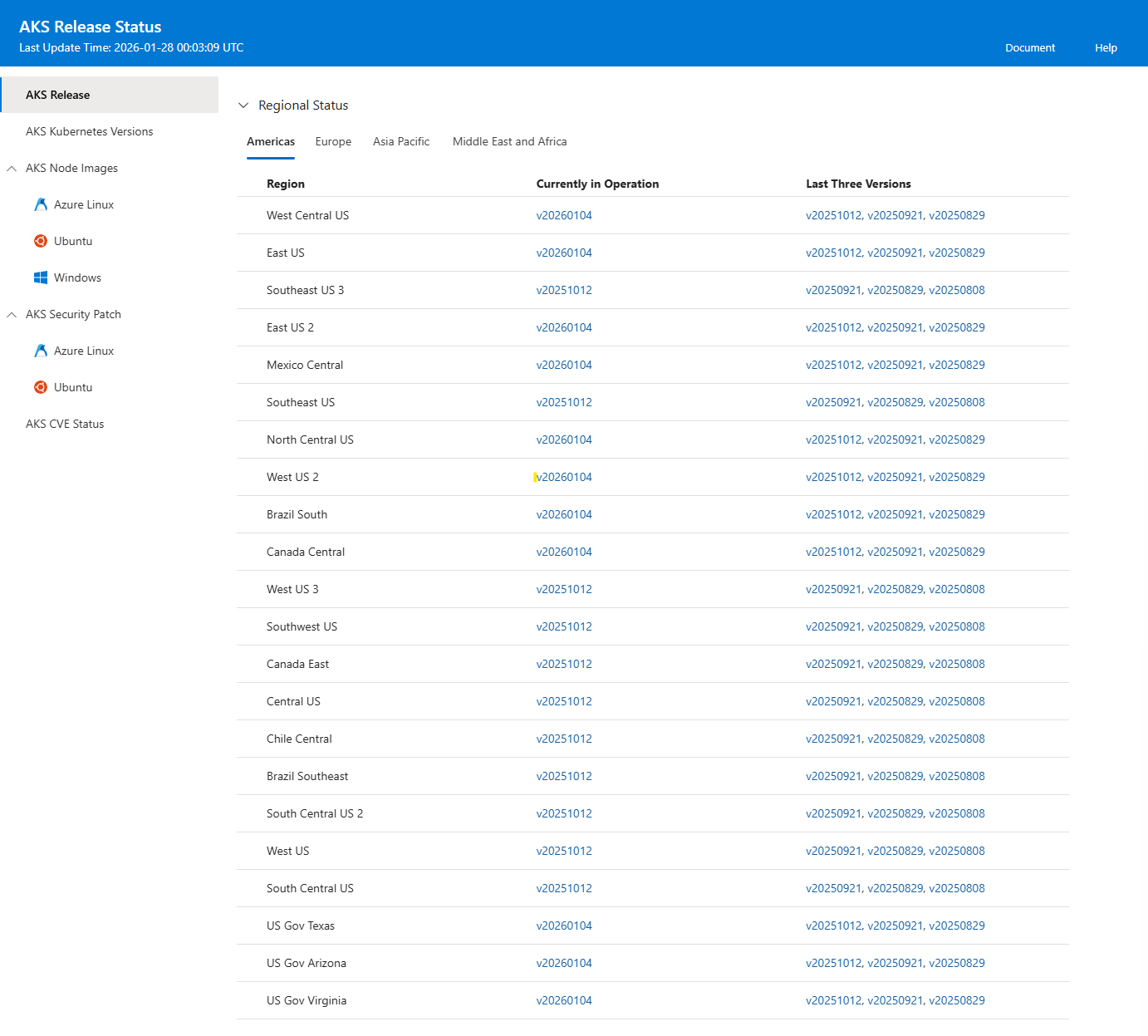 Web 浏览器中显示的 AKS 发行跟踪器的区域状态表的屏幕截图。