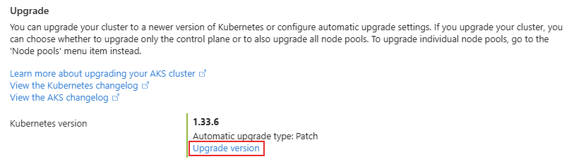 Azure 门户中“升级版本”选项的屏幕截图。