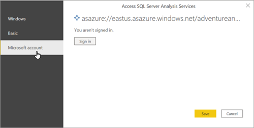 显示登录到 Azure Analysis Services 的截图。