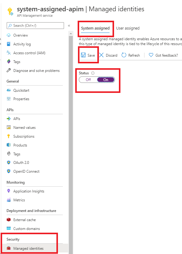 显示如何启用系统分配的托管标识的屏幕截图。