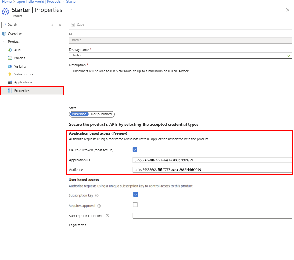 门户中产品的应用程序设置的屏幕截图。